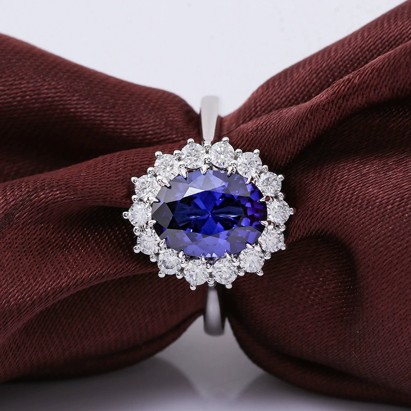 3 Carat Oval Cut Sapphire Blue Lab Grown Diamond Halo Engagement Ring for Women, 925 Sterling Silver Princess Diana Inspired Statement Ring, Halloween Christmas Anniversary Gift