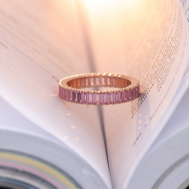 18K Gold Pink Lab Grown Diamond Eternity Band Ring for Women, Full Baguette Cut Stackable Ring, Halloween Christmas Gift for Her