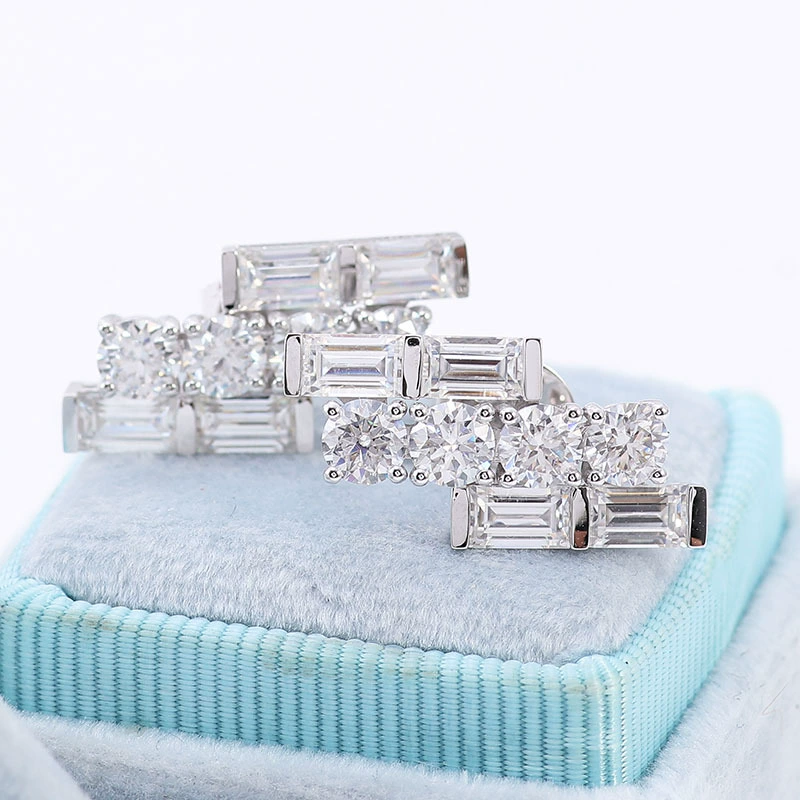 18K Gold Lab Grown Diamond Earrings for Ladies, Mixed Round and Emerald Cut Lab Diamond Stud Earrings, Luxury Fine Jewelry Anniversary Birthday Gift