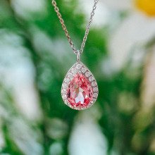 Women’s 925 Sterling Silver 3CT Pear Shaped Pink Lab Grown Diamond Halo Pendant Necklace, Bridal Teardrop Statement Jewelry, Halloween Christmas Anniversary Gift for Her