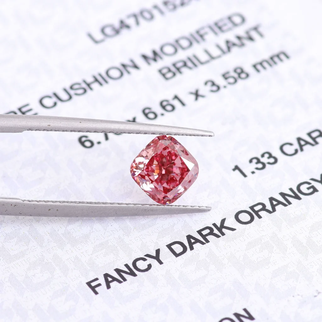 Lab-grown diamond rough: cushion-cut fancy-colored diamond; 1.33-carat square-cut pink lab-grown diamond with IGI certificate