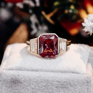 925 Sterling Silver Men’s Wedding Ring, Emerald Cut Red Gemstone with Side Lab Grown Diamonds, Vintage Statement Ring, Halloween Christmas Gift for Him