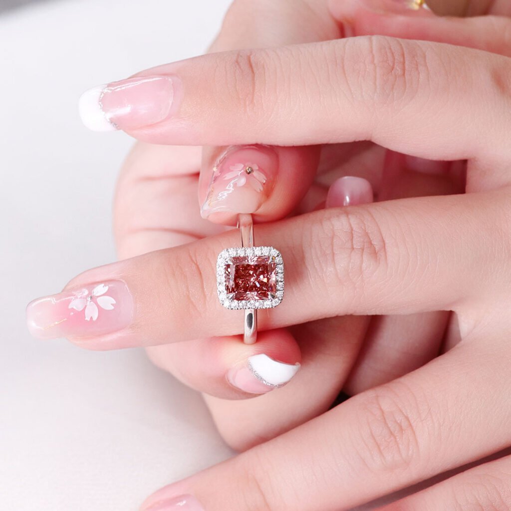 2CT Pink Radiant Cut Lab Grown Diamond Halo Engagement Ring | 925 Sterling Silver