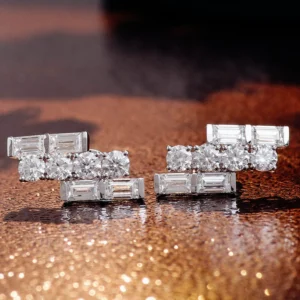 18K Gold Lab Grown Diamond Earrings for Ladies, Mixed Round and Emerald Cut Lab Diamond Stud Earrings, Luxury Fine Jewelry Anniversary Birthday Gift